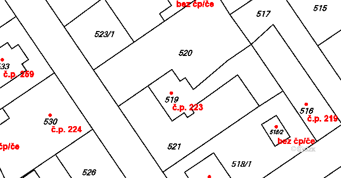 Třebestovice 223 na parcele st. 519 v KÚ Třebestovice, Katastrální mapa