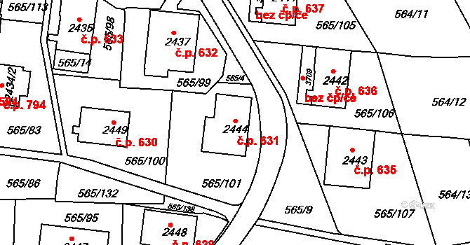 Borovina 631, Třebíč na parcele st. 2444 v KÚ Třebíč, Katastrální mapa