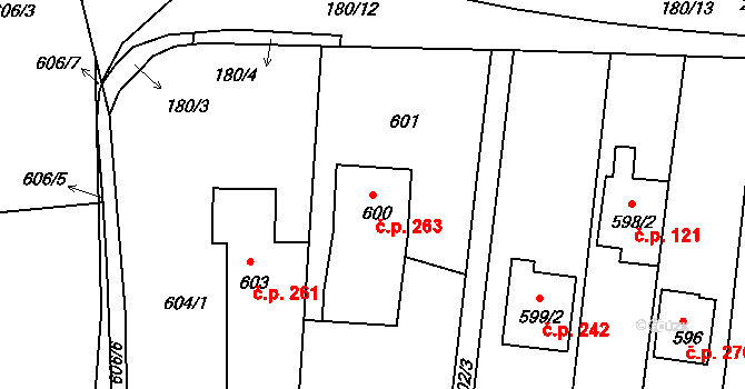 Staré Hodějovice 263 na parcele st. 600 v KÚ Staré Hodějovice, Katastrální mapa