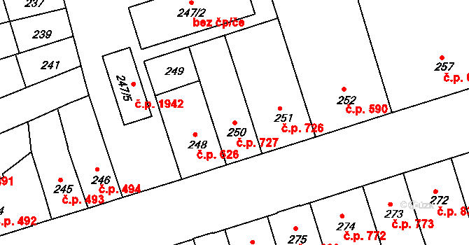Trnovany 727, Teplice na parcele st. 250 v KÚ Teplice-Trnovany, Katastrální mapa