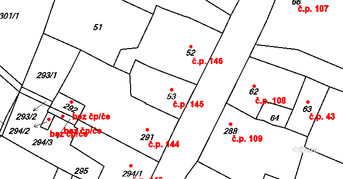 Hostomice 145 na parcele st. 53 v KÚ Hostomice pod Brdy, Katastrální mapa