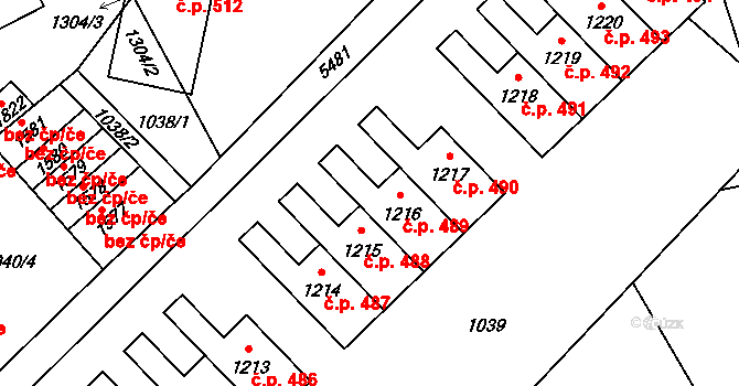 Hošťálková 489 na parcele st. 1216 v KÚ Hošťálková, Katastrální mapa