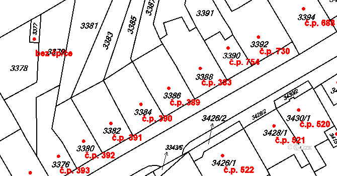 Jirkov 389 na parcele st. 3386 v KÚ Jirkov, Katastrální mapa