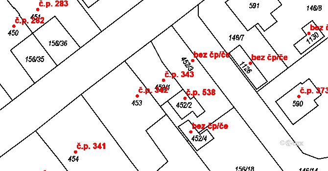 Mirošov 343 na parcele st. 452/1 v KÚ Mirošov, Katastrální mapa