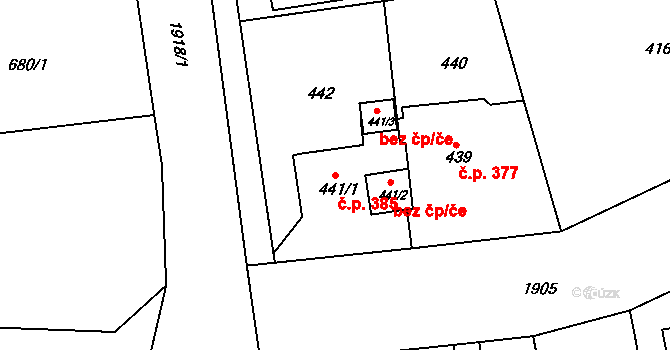 Černice 385, Plzeň na parcele st. 441/1 v KÚ Bručná, Katastrální mapa