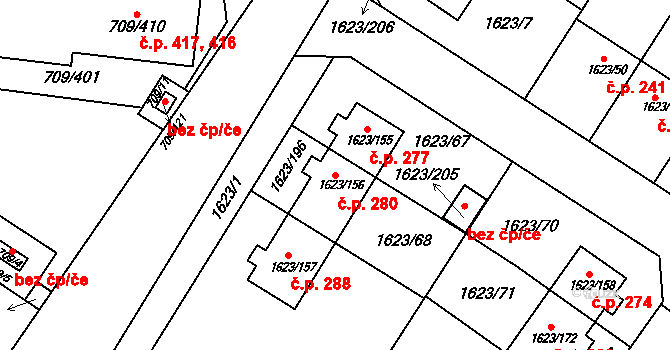 Popůvky 280 na parcele st. 1623/156 v KÚ Popůvky u Brna, Katastrální mapa