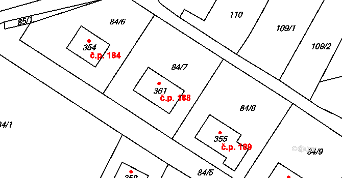 Vojice 188, Podhorní Újezd a Vojice na parcele st. 361 v KÚ Vojice, Katastrální mapa