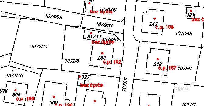 Prčice 192, Sedlec-Prčice na parcele st. 260 v KÚ Prčice, Katastrální mapa