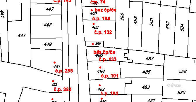 Hrušky 133 na parcele st. 486 v KÚ Hrušky u Brna, Katastrální mapa