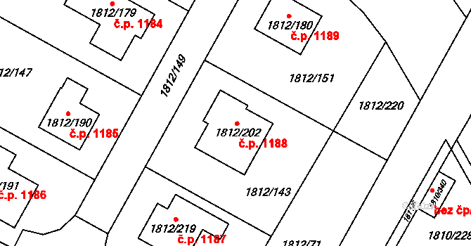 Kosmonosy 1188 na parcele st. 1812/202 v KÚ Kosmonosy, Katastrální mapa
