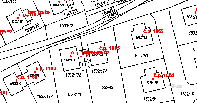 Řeporyje 1085, Praha na parcele st. 1532/173 v KÚ Řeporyje, Katastrální mapa