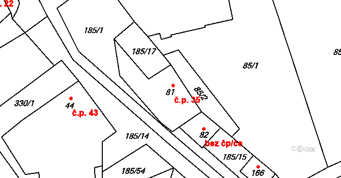 Rváčov 35, Vysočina na parcele st. 81 v KÚ Rváčov u Hlinska, Katastrální mapa