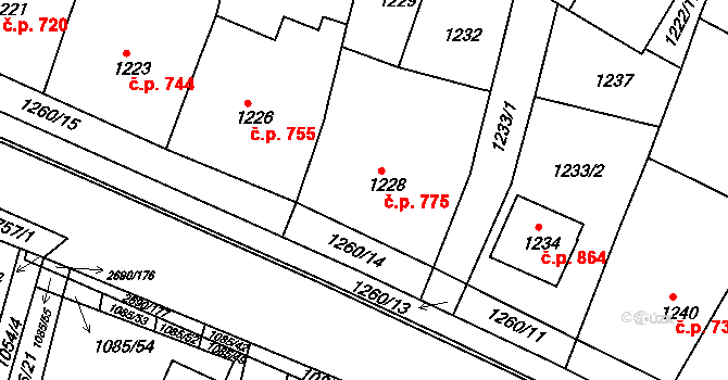 Bučovice 775 na parcele st. 1228 v KÚ Bučovice, Katastrální mapa