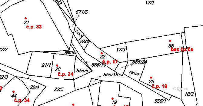 Líský 17 na parcele st. 22 v KÚ Líský, Katastrální mapa