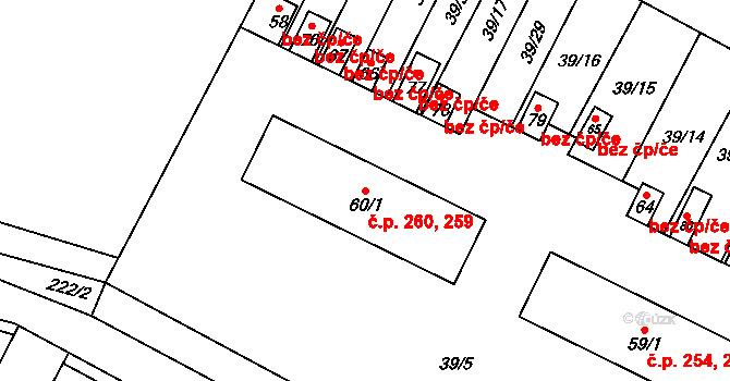 Nelahozeves 259,260 na parcele st. 60/1 v KÚ Podhořany, Katastrální mapa