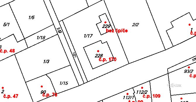 Tachlovice 170 na parcele st. 228 v KÚ Tachlovice, Katastrální mapa