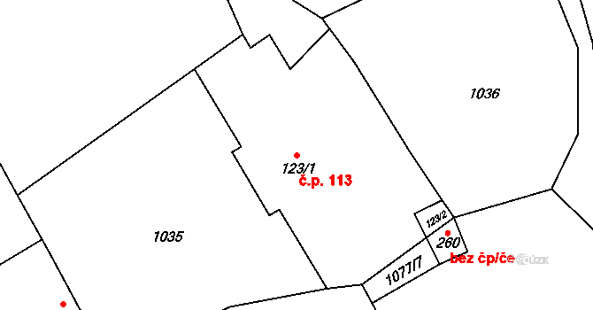 Bílý Kámen 113, Podhořany u Ronova na parcele st. 123/1 v KÚ Podhořany u Ronova, Katastrální mapa