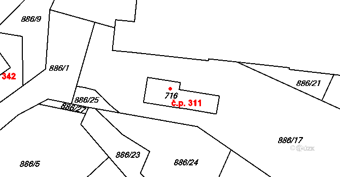 Tehov 311 na parcele st. 716 v KÚ Tehov u Říčan, Katastrální mapa