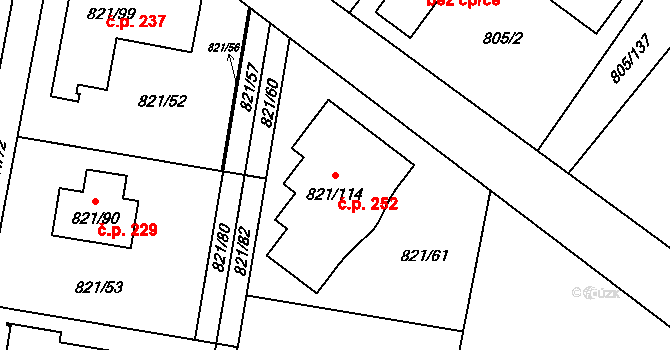 Děhylov 252 na parcele st. 821/114 v KÚ Děhylov, Katastrální mapa