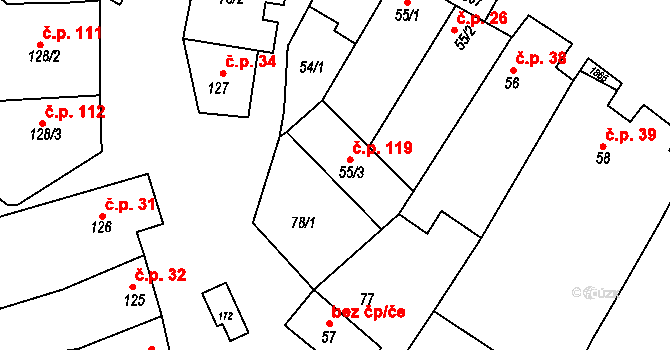 Bohutice 119 na parcele st. 55/3 v KÚ Bohutice, Katastrální mapa