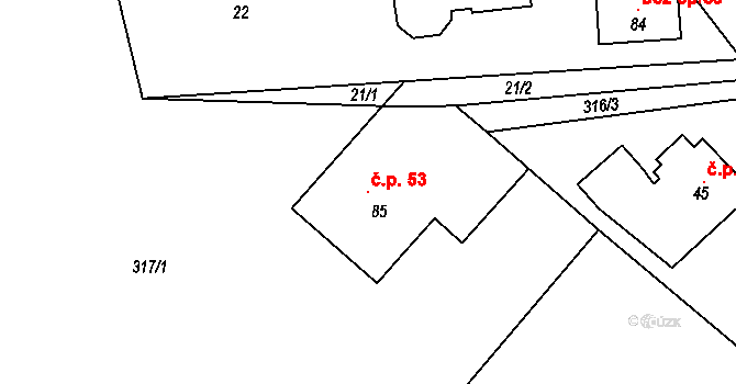 Obrvaň 53, Ledeč nad Sázavou na parcele st. 85 v KÚ Obrvaň, Katastrální mapa
