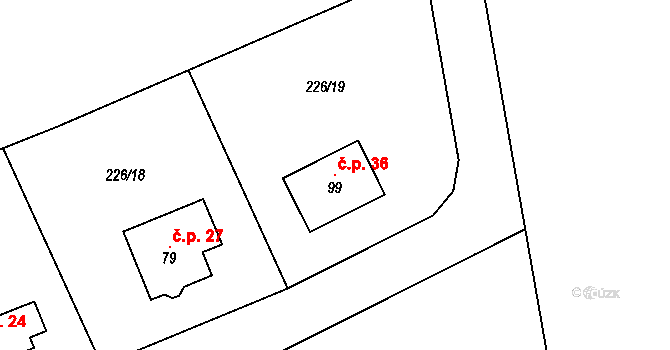 Hodyně 36, Skuhrov na parcele st. 99 v KÚ Hodyně u Skuhrova, Katastrální mapa