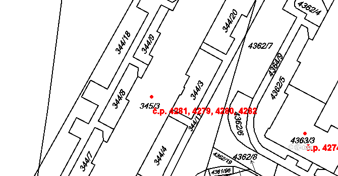 Jihlava 4279,4280,4281,4282 na parcele st. 345/3 v KÚ Horní Kosov, Katastrální mapa