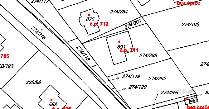 Luka nad Jihlavou 711 na parcele st. 891 v KÚ Luka nad Jihlavou, Katastrální mapa