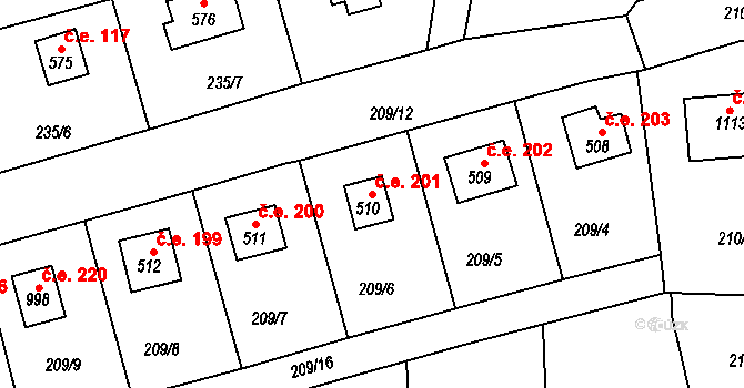 Javorník 201, Čtyřkoly na parcele st. 510 v KÚ Čtyřkoly, Katastrální mapa