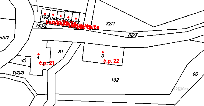 Mrklov 22, Benecko na parcele st. 3 v KÚ Mrklov, Katastrální mapa