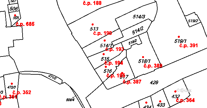Brno-město 194, Brno na parcele st. 515 v KÚ Město Brno, Katastrální mapa