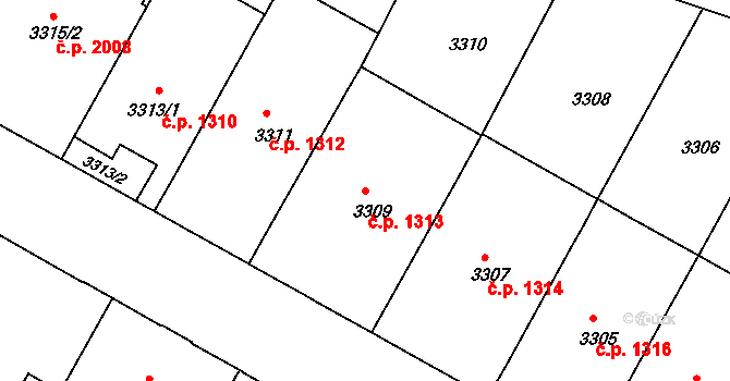 Černá Pole 1313, Brno na parcele st. 3309 v KÚ Černá Pole, Katastrální mapa