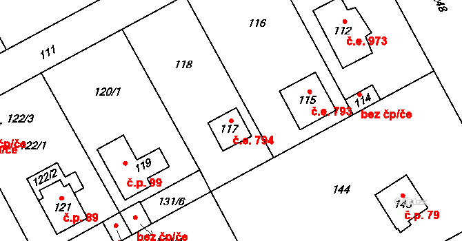 Káraný 794 na parcele st. 117 v KÚ Káraný, Katastrální mapa