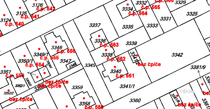 Záběhlice 562, Praha na parcele st. 3338 v KÚ Záběhlice, Katastrální mapa