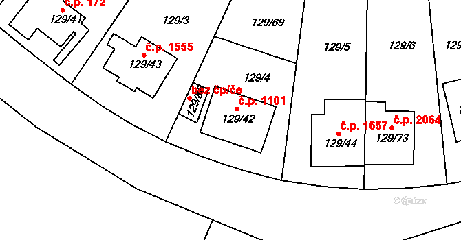 Krč 1101, Praha na parcele st. 129/42 v KÚ Krč, Katastrální mapa