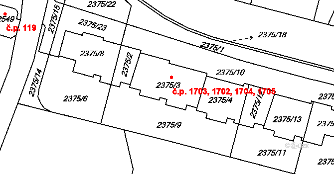 Krč 1702,1703,1704,1705, Praha na parcele st. 2375/3 v KÚ Krč, Katastrální mapa
