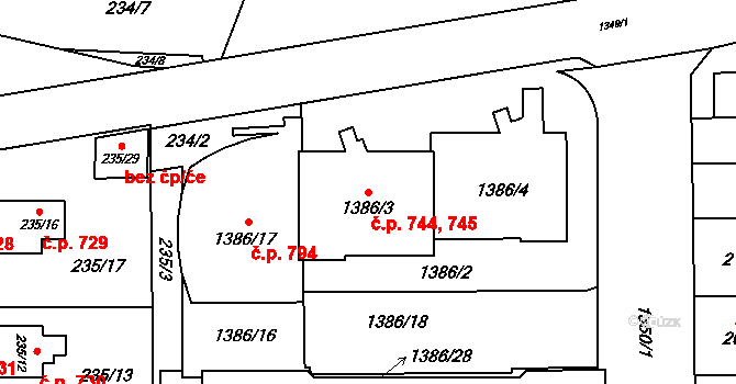 Vokovice 744,745, Praha na parcele st. 1386/3 v KÚ Vokovice, Katastrální mapa
