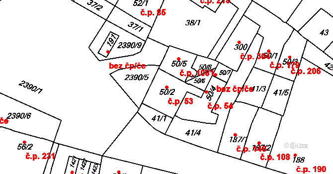 Rosice 53 na parcele st. 50/2 v KÚ Rosice u Brna, Katastrální mapa