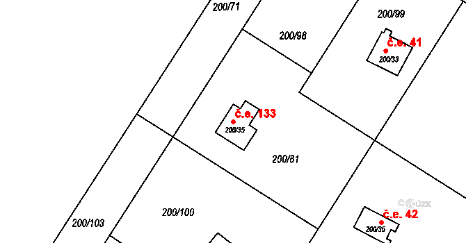 Ráby 133 na parcele st. 200/35 v KÚ Ráby, Katastrální mapa