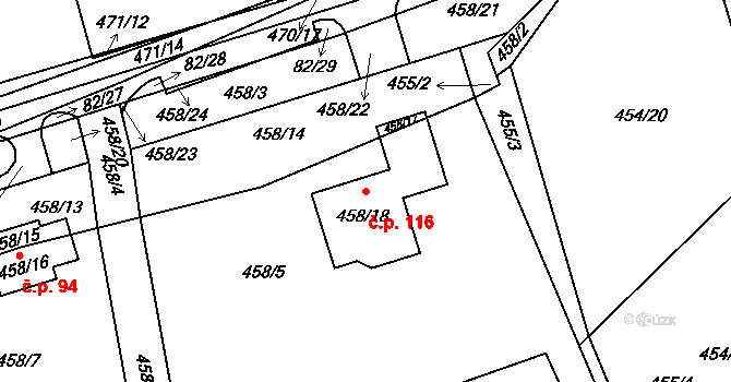 Dubno 116 na parcele st. 458/18 v KÚ Dubno, Katastrální mapa