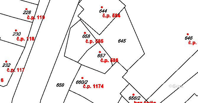 Jemnice 586 na parcele st. 657 v KÚ Jemnice, Katastrální mapa