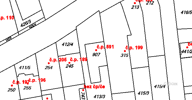 Prštné 591, Zlín na parcele st. 907 v KÚ Prštné, Katastrální mapa