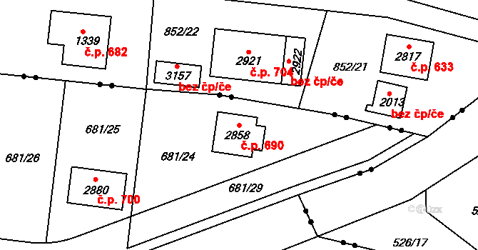 Litice 690, Plzeň na parcele st. 2858 v KÚ Litice u Plzně, Katastrální mapa