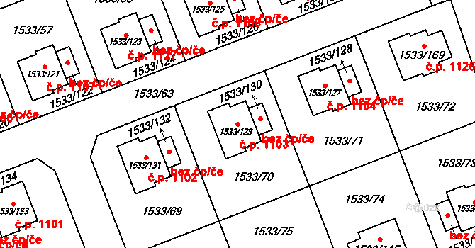 Řeporyje 1103, Praha na parcele st. 1533/129 v KÚ Řeporyje, Katastrální mapa