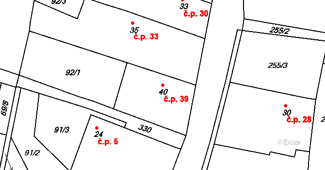 Brčekoly 39, Rosice na parcele st. 40 v KÚ Brčekoly, Katastrální mapa