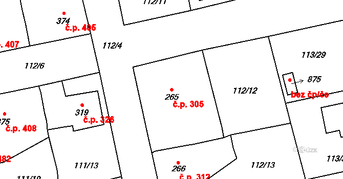 Rudná 305 na parcele st. 265 v KÚ Dušníky u Rudné, Katastrální mapa