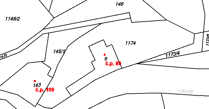 Suchý Důl 89 na parcele st. 9 v KÚ Suchý Důl, Katastrální mapa