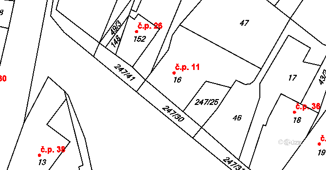 Valy 11 na parcele st. 16 v KÚ Valy nad Labem, Katastrální mapa