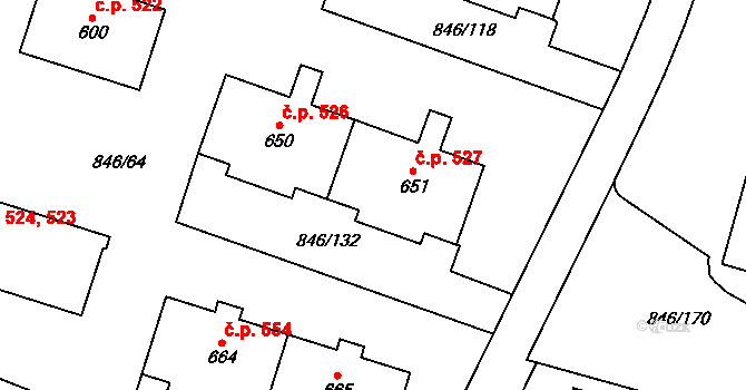 Lysice 527 na parcele st. 651 v KÚ Lysice, Katastrální mapa