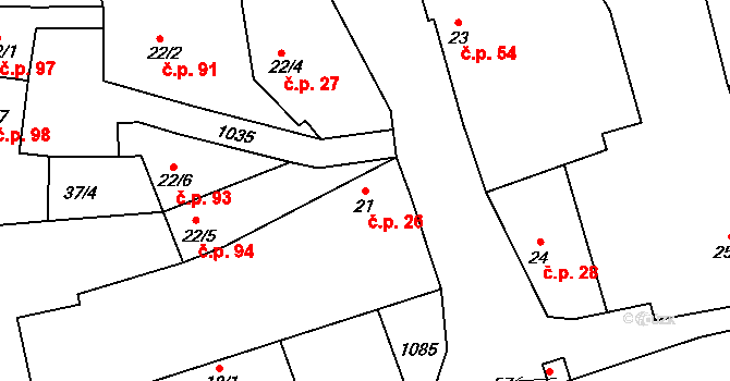 Hřivčice 26, Peruc na parcele st. 21 v KÚ Hřivčice, Katastrální mapa